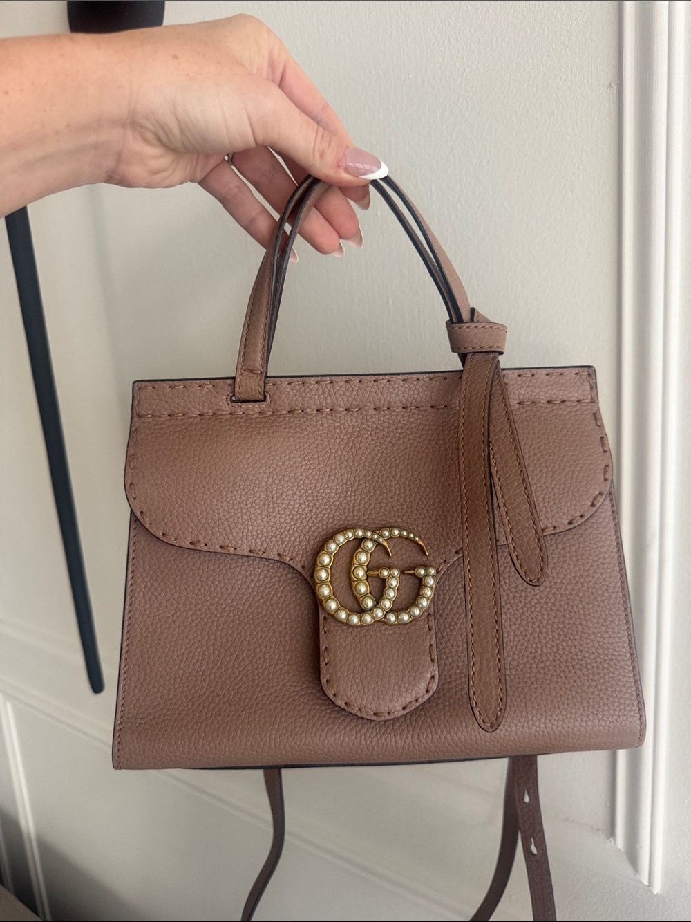 GUCCI Calfskin Mini Pearly GG Marmont Top Handle Bag Porcelain Rose